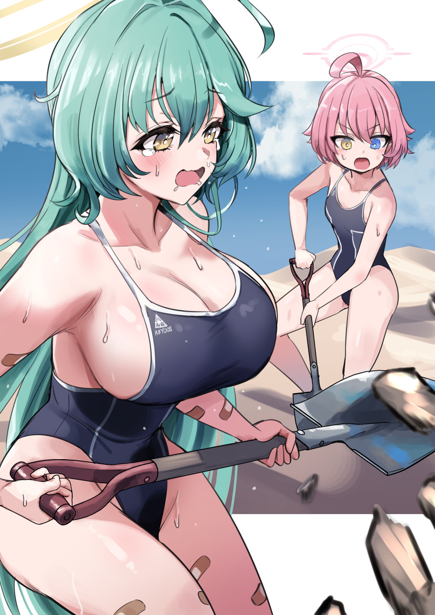 2girls absurdres ahoge bandaid bandaid_on_arm bandaid_on_leg bare_arms black_one-piece_swimsuit blue_archive blue_eyes breasts bright_pupils cleavage commentary_request digging green_hair hair_between_eyes halo heterochromia highres holding holding_shovel hoshino_(blue_archive) hoshino_(young)_(blue_archive) long_hair multiple_girls one-piece_swimsuit open_mouth pink_hair pink_halo pizzasi short_hair shovel standing sweat swimsuit tearing_up white_pupils yellow_eyes yellow_halo yume_(blue_archive)