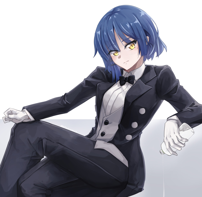 1girl :| absurdres black_suit blue_hair bocchi_the_rock! bottle bow bowtie closed_mouth coat commentary crossed_legs dress_shirt expressionless feet_out_of_frame formal gloves gradient_background grey_vest hand_on_own_knee head_tilt highres holding holding_bottle looking_at_viewer open_clothes open_coat pouring shirt short_hair simple_background sitting suit vest water_bottle white_gloves white_shirt yamada_ryo yellow_eyes zeranium_(zeranium17)
