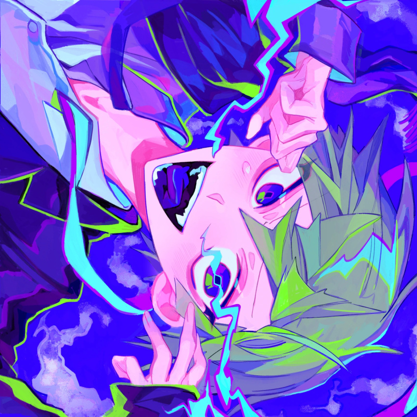 1boy album_cover blue_background blue_eyes blue_tongue borrowed_character coat collared_shirt colored_tongue cover fallin'_dead_relive_life_(vocaloid) green_hair highres himanemuitoma long_sleeves looking_at_viewer naro_tanaka open_mouth original purple_coat shirt short_hair sleeves_past_wrists smile solo v-shaped_eyebrows vocaloid white_shirt