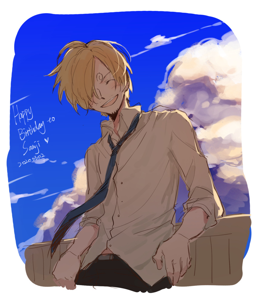 1boy ^_^ blonde_hair closed_eyes cloud collared_shirt commentary_request cowboy_shot curly_eyebrows dated hair_over_one_eye happy_birthday highres male_focus necktie one_piece sanji_(one_piece) shirt sky smile solo upper_body white_shirt xx_zslove