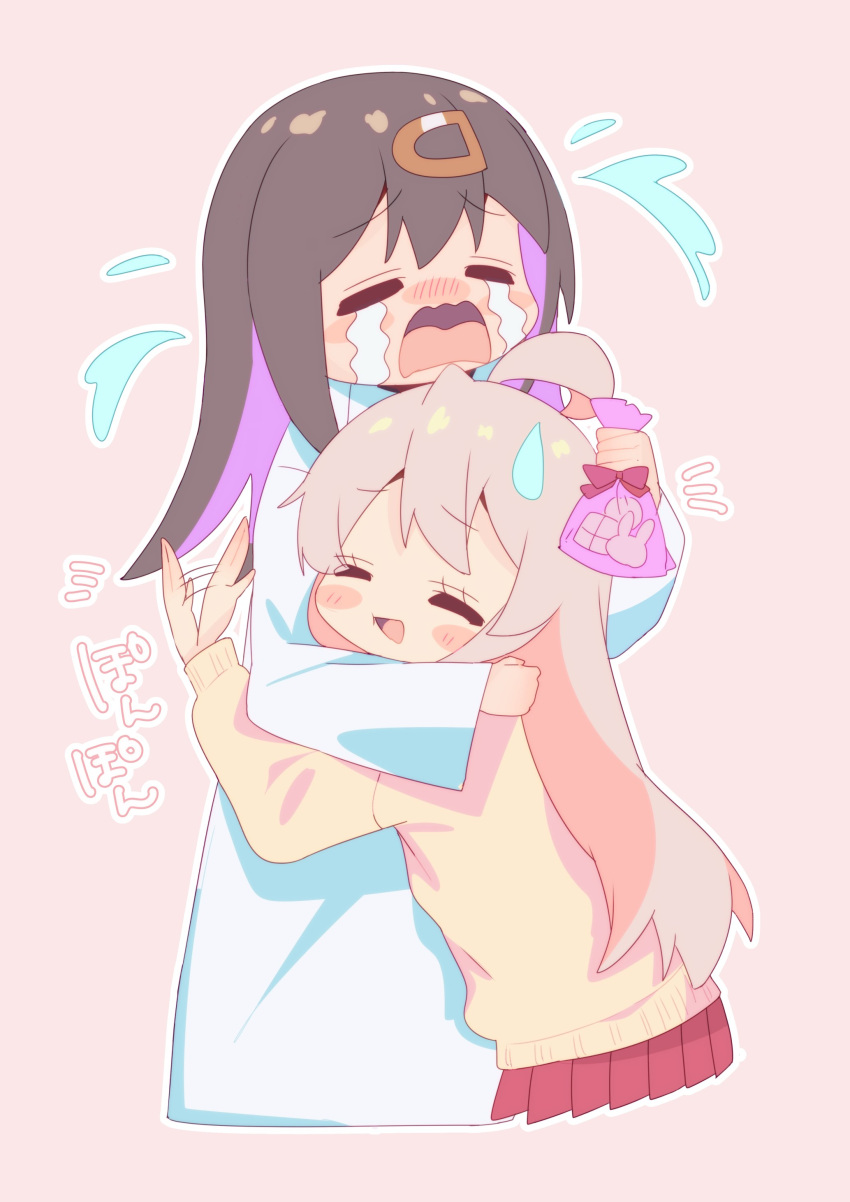 2girls :d ^_^ absurdres afterimage ahoge bag black_hair blush blush_stickers closed_eyes colored_inner_hair commentary cropped_torso crying d: flying_teardrops hair_down happy_tears highres hug lab_coat long_hair long_sleeves motituki0 multicolored_hair multiple_girls nose_blush onii-chan_wa_oshimai! open_mouth outline oyama_mahiro oyama_mihari patting_back pink_background pink_hair pleated_skirt purple_hair red_skirt siblings simple_background sisters skirt smile streaming_tears sweatdrop sweater tears two-tone_hair wavy_mouth white_outline yellow_sweater