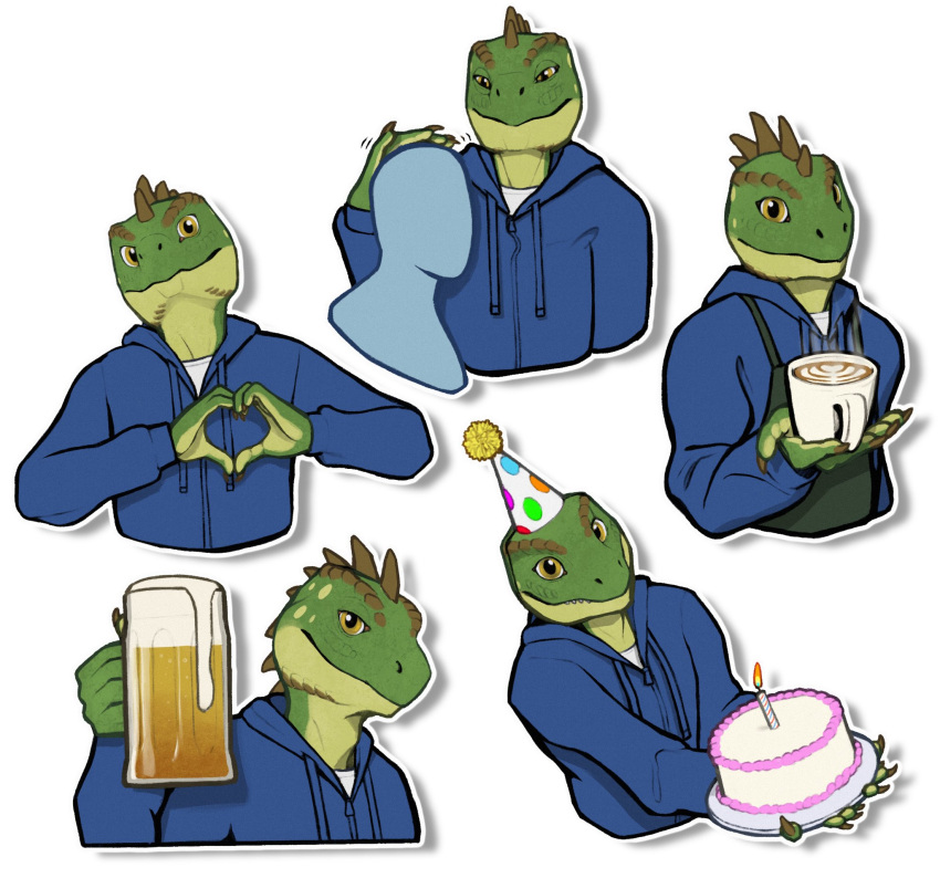 anthro blue_clothing blue_jacket blue_topwear brown_eyes cake clothed clothing dessert duo food gesture glistening glistening_eyes green_body hand_heart hat head_spikes headgear headwear hi_res holding_beer holding_cake holding_food holding_mug holding_object jacket khyaber lizard looking_at_viewer male mouth_closed mug multiple_images narrowed_eyes party_hat reptile scalie simple_background solo spikes spikes_(anatomy) topwear white_background