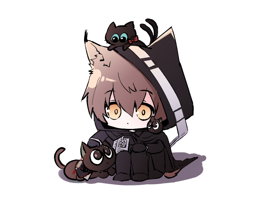 1boy absurdres animal_ears animal_on_head arknights black_cat black_footwear black_pants blue_eyes bow brown_hair cat cat_boy cat_ears chibi christine_(arknights) commentary dot_mouth full_body hair_bow heixiu highres id_card luo_xiaohei luo_xiaohei_(cat) luo_xiaohei_zhanji male_focus on_head p_(hgdsisd) pants petting phantom_(arknights) red_bow shadow short_hair simple_background squatting white_background yellow_eyes