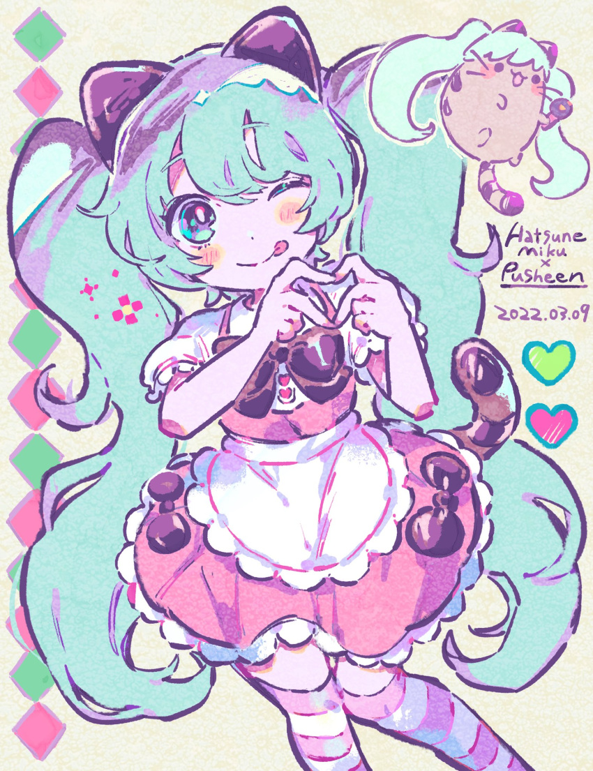 1girl animal_ears apron blue_eyes blue_hair cat_ears cat_girl cat_tail character_name closed_mouth commentary_request cosplay crossover dated dress feet_out_of_frame frilled_dress frills hands_up hatsune_miku hatsune_miku_(cosplay) heart heart_hands highres kemonomimi_mode kiato long_hair looking_at_viewer miku_day one_eye_closed pink_dress puffy_short_sleeves puffy_sleeves pusheen_the_cat pusheen_the_cat_(series) short_sleeves smile solo standing striped_clothes striped_tail striped_thighhighs tail thighhighs tongue tongue_out twintails very_long_hair vocaloid waist_apron white_apron