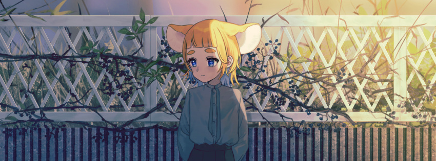 1girl animal_ears arms_behind_back blonde_hair blue_eyes branch fence highres long_sleeves looking_to_the_side mouse_ears mouse_girl naname_(7name) original pleated_skirt short_hair skirt solo sunlight thick_eyebrows virtual_youtuber