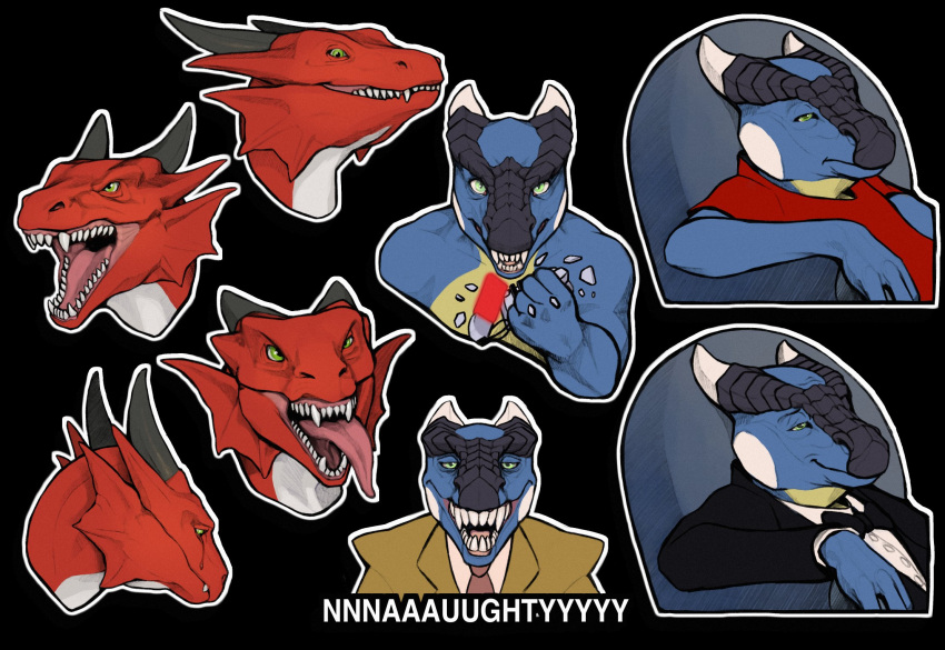 ambiguous_form anthro armchair black_background blue_body chair closed_smile dragon furniture green_eyes grey_horn hi_res horn khyaber looking_at_viewer male mouth_closed multiple_images open_mouth pupils red_body red_tongue simple_background sitting slit_pupils smile solo tongue tongue_out yellow_body