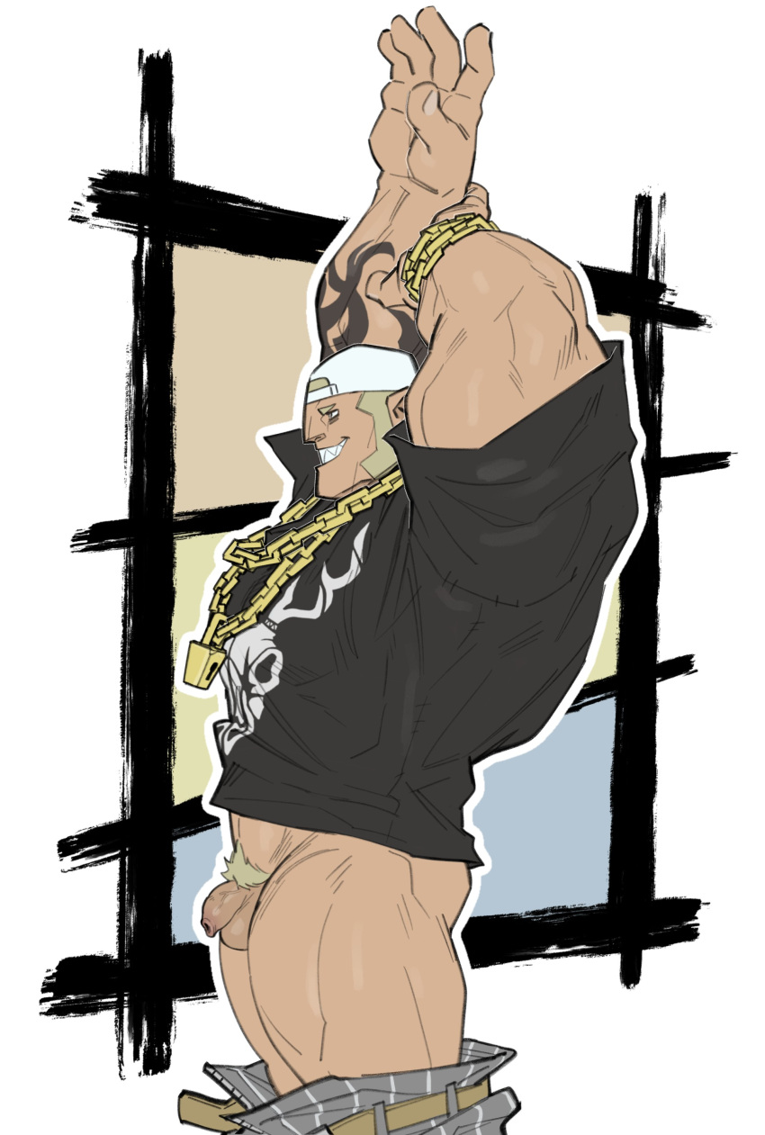 1boy absurdres arm_tattoo arms_up backwards_hat bara baseball_cap black_shirt blonde_hair bracelet chain clothes_pull commission cowboy_shot fishingmanmax flaccid from_side gold_chain hat highres jewelry kaichi_susuki long_sideburns male_focus pants pants_pull penis print_shirt profile sharp_teeth shirt short_hair sideburns smile solo subarashiki_kono_sekai tattoo teeth testicles