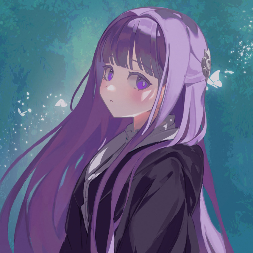 1girl black_robe blue_background blunt_bangs blush bug butterfly closed_mouth cut_bangs dappled_sunlight elf fern_(sousou_no_frieren) forest glowing_butterfly hair_ornament highres long_hair looking_at_viewer looshue nature outdoors pointy_ears purple_eyes purple_hair robe solo sousou_no_frieren straight_hair sunlight