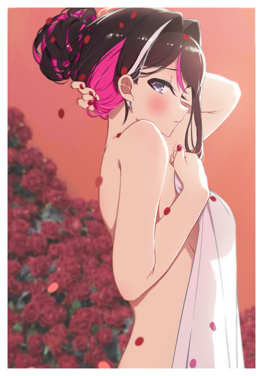1girl absurdres arm_behind_head azki_(hololive) black_hair blush border breasts closed_mouth colored_inner_hair commentary_request covering_privates flower hair_bun hair_intakes highres holding holding_towel hololive loeldrive looking_at_viewer multicolored_hair naked_towel nude nude_cover orange_background petals pink_hair purple_eyes red_flower red_nails red_rose rose shy sideboob single_hair_bun solo streaked_hair towel upper_body virtual_youtuber white_border white_hair white_towel