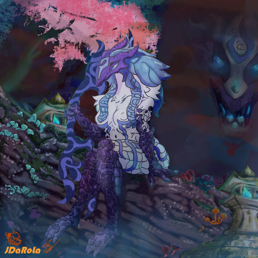 2024 4:3 absurd_res alternate_species ambiguous_gender amphibian anthro colored detailed_background digital_media_(artwork) dragon duo female feral forest frog fungus hi_res hornydingus kindred_(lol) lamb_(lol) league_of_legends male mask plant reptile riot_games scalie scalie_kindred_(onm11) tree white_body wolf_(lol)