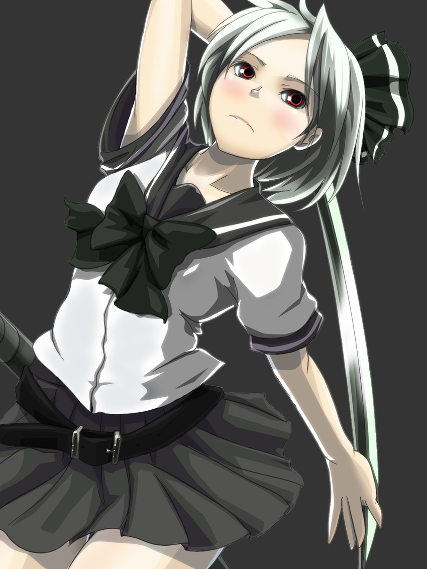 alshard alternate_costume arm_up belt blush bow contemporary frown hair_ribbon highres ikkei_dou katana konpaku_youmu miniskirt pleated_skirt red_eyes ribbon school_uniform serafuku short_hair silver_hair skirt solo sword touhou weapon