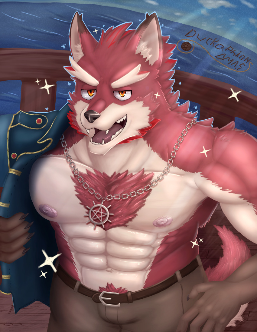 absurd_res anthro canid canine diederich_olsen_(knights_college) duckaphion fur hi_res knights_college male mammal muscular muscular_anthro muscular_male pirate red_body red_fur sea solo water