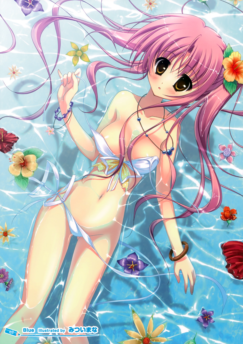 absurdres afloat bare_shoulders bikini blush bracelet breasts cleavage collarbone flower groin hair_flower hair_ornament hibiscus highres jewelry long_hair looking_at_viewer lying medium_breasts mitsui_mana navel necklace on_back open_mouth original panties pink_hair side-tie_bikini side-tie_panties solo swimsuit underwear untied wardrobe_malfunction water yellow_eyes