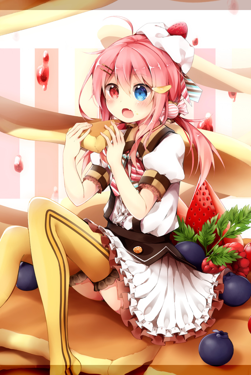 1girl ahoge blue_eyes blueberry blush center_frills collared_shirt dress_shirt fang feet_out_of_frame food frilled_thighhighs frills fruit hair_between_eyes hair_ornament hairclip heterochromia highres holding holding_food in_food long_hair low_twintails mini_person minigirl no_shoes open_mouth original pink_hair pleated_skirt puffy_short_sleeves puffy_sleeves red_eyes satou_saya shirt short_sleeves sitting skirt solo strawberry thighhighs twintails white_shirt white_skirt yellow_thighhighs