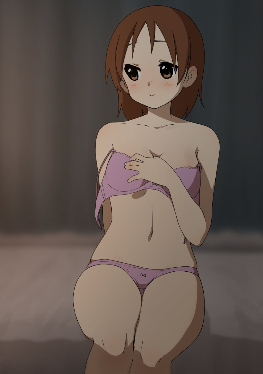 1girl absurdres bed blush bow bow_bra bow_panties bra breasts brown_eyes brown_hair cleavage closed_mouth collarbone commentary_request highres hirasawa_ui indoors k-on! kicchi_(tmgk) medium_hair navel on_bed panties pink_bra pink_panties sitting solo underwear