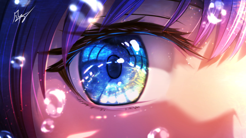 1girl ajisai_nagi blue_eyes blurry blurry_foreground close-up eye_focus highres indie_virtual_youtuber kazeno purple_hair reflection solo virtual_youtuber water_drop