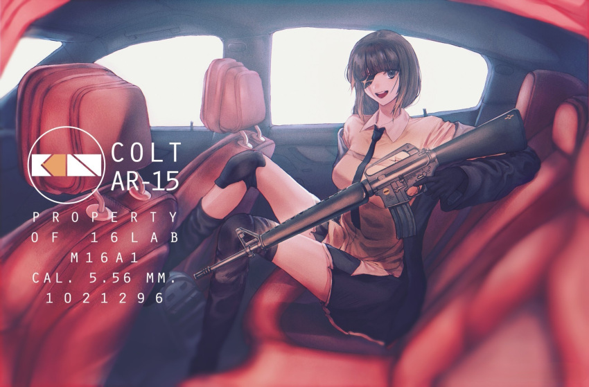 1girl assault_rifle black_gloves black_jacket black_necktie braid brown_eyes brown_hair car eyepatch girls'_frontline gloves gun highres jacket long_hair looking_at_viewer m16 m16a1 m16a1_(girls'_frontline) mole mole_under_eye motor_vehicle multicolored_hair necktie off_shoulder open_mouth rifle scar shirt smile weapon xanax025 yellow_shirt