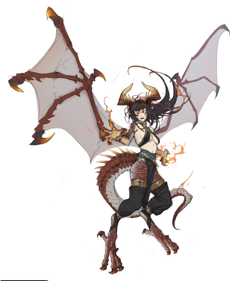 1girl animal_feet animal_hands armlet baggy_pants bracelet breasts brown_hair brown_horns claws colored_tips digitigrade dragon_girl dragon_horns dragon_tail dragon_wings fangs fire floating_hair flying full_body furrowed_brow gem highres horns jewelry leviair long_hair looking_at_viewer medium_breasts monster_girl multicolored_hair neck_ring open_mouth orange_hair orange_horns original pants pelvic_curtain pointy_ears pyrokinesis red_eyes red_gemstone red_scales red_wings scales simple_background solo tail thighlet white_background wings
