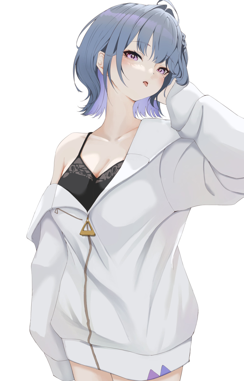 :p absurdres ahoge arm_at_side bare_shoulders black_tank_top blue_hair blush breasts cleavage collarbone colored_inner_hair cowboy_shot dot_nose hand_in_own_hair hand_up head_tilt highres jacket koshimizu_toru large_breasts legs_together machi_space medium_hair multicolored_hair nijisanji off_shoulder open_mouth pink_eyes purple_hair shirt simple_background sleeveless sleeveless_shirt sleeves_past_fingers sleeves_past_wrists tank_top tongue tongue_out virtual_youtuber white_background white_jacket zipper