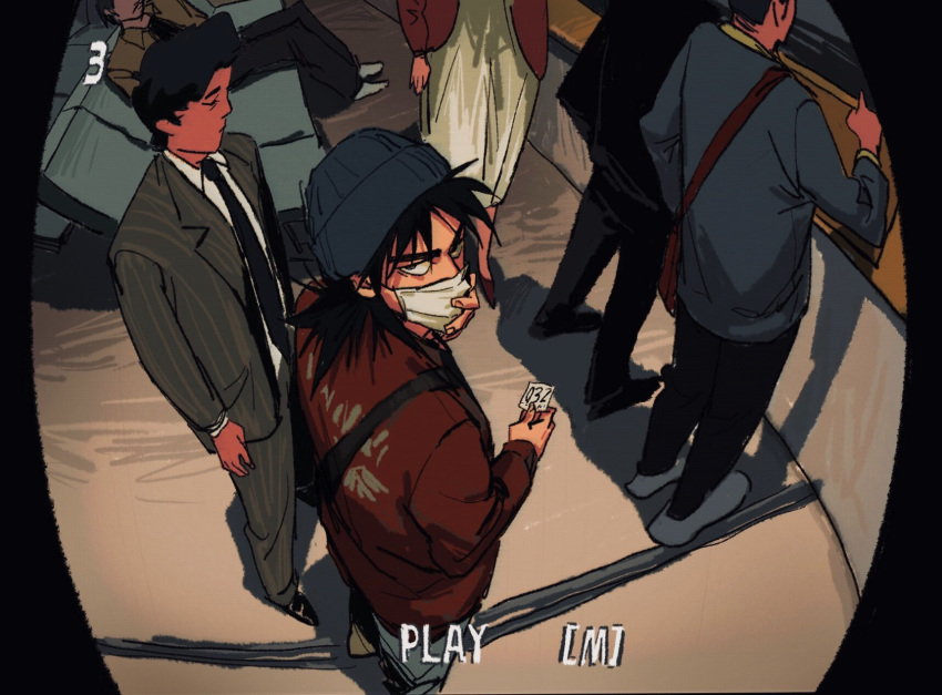 1girl 5boys beanie betting_ticket black_eyes black_hair black_jacket black_necktie black_pants brown_jacket closed_eyes closed_mouth commentary english_commentary fisheye full_body grey_headwear grey_jacket hat highres itou_kaiji jacket kaiji long_hair long_sleeves looking_to_the_side medium_bangs multiple_boys necktie pants sanpaku security_camera short_hair solo_focus standing striped_clothes striped_jacket striped_pants vertical-striped_clothes vertical-striped_jacket vertical-striped_pants zvz_(tt82295946)