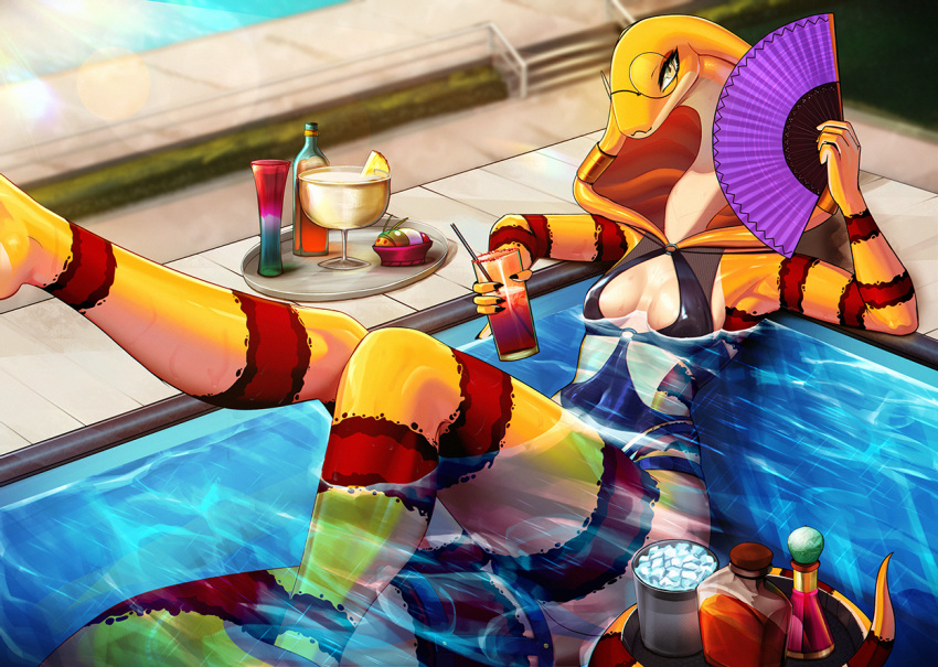 alcohol alipse anthro beverage clothing cobra eyewear fora glasses looking_at_viewer pina_colada reptile scalie snake solo swimming_pool swimwear tequila yellow_body