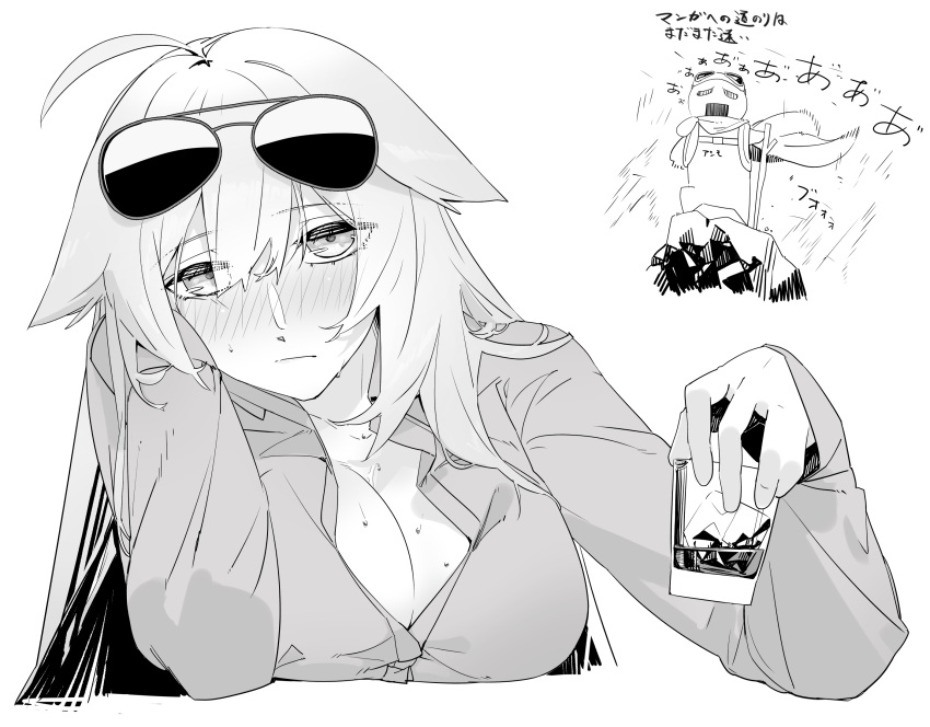 1girl ahoge alcohol asimo_(hakurei10201) aviator_sunglasses blonde_hair blush breast_rest breasts breasts_on_table cleavage closed_mouth cup drink drinking_glass drunk elbow_rest eyewear_on_head girls'_frontline glass hair_flaps hair_over_shoulder head_rest highres holding holding_cup ice ice_cube large_breasts long_hair looking_at_viewer m1918_(girls'_frontline) messy_hair monochrome nervous solo sunglasses sweat sweatdrop table tinted_eyewear translation_request very_long_hair whiskey