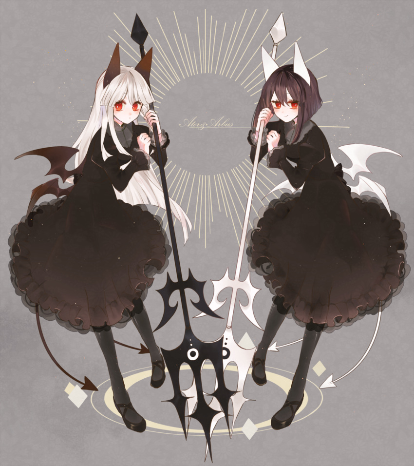 a0916485664 arbus ater black_dress black_hair demon_girl demon_tail demon_wings dress funamusea haiiro_teien highres long_hair looking_at_viewer short_hair siblings sisters tail twins white_hair wings