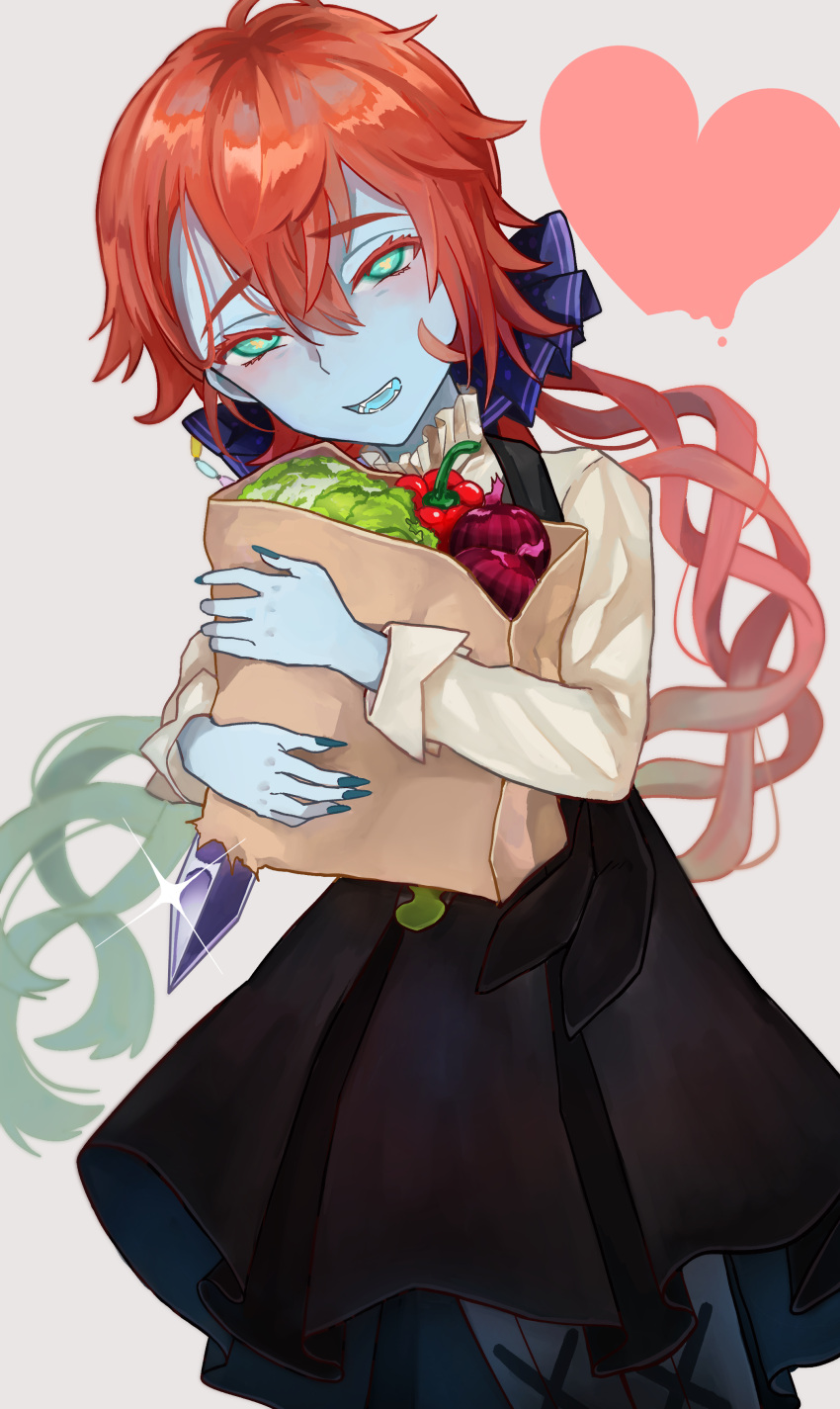 1girl absurdres alternate_costume alternate_hairstyle bag black_dress blue_eyes blue_skin blue_tongue blush brown_hair cabbage colored_skin colored_tongue dress fate/grand_order fate_(series) fingernails food grocery_bag hair_between_eyes hair_ribbon heart highres holding holding_bag long_fingernails long_hair long_sleeves looking_at_viewer nail_polish open_mouth ribbon shimogamo_(shimomo_12) shopping_bag simple_background smile solo teeth tomato van_gogh_(fate) van_gogh_(second_ascension)_(fate) vegetable weapon white_background
