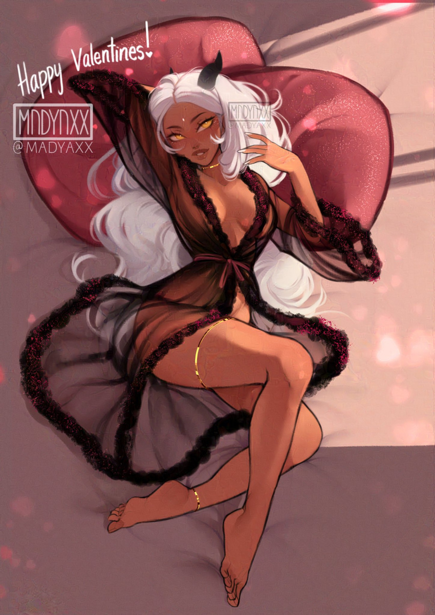 1girl anklet artist_logo barefoot black_horns black_nightgown breasts brown_lips cloudbae_(madyaxx) commentary dark-skinned_female dark_skin english_commentary facial_mark forehead_mark full_body highres horns jewelry legs_together light_smile long_hair looking_at_viewer lying madyaxx medium_breasts nightgown no_bra no_panties on_back on_bed original parted_hair pillow plunging_neckline see-through solo thighlet toes twitter_username very_long_hair watermark yellow_eyes