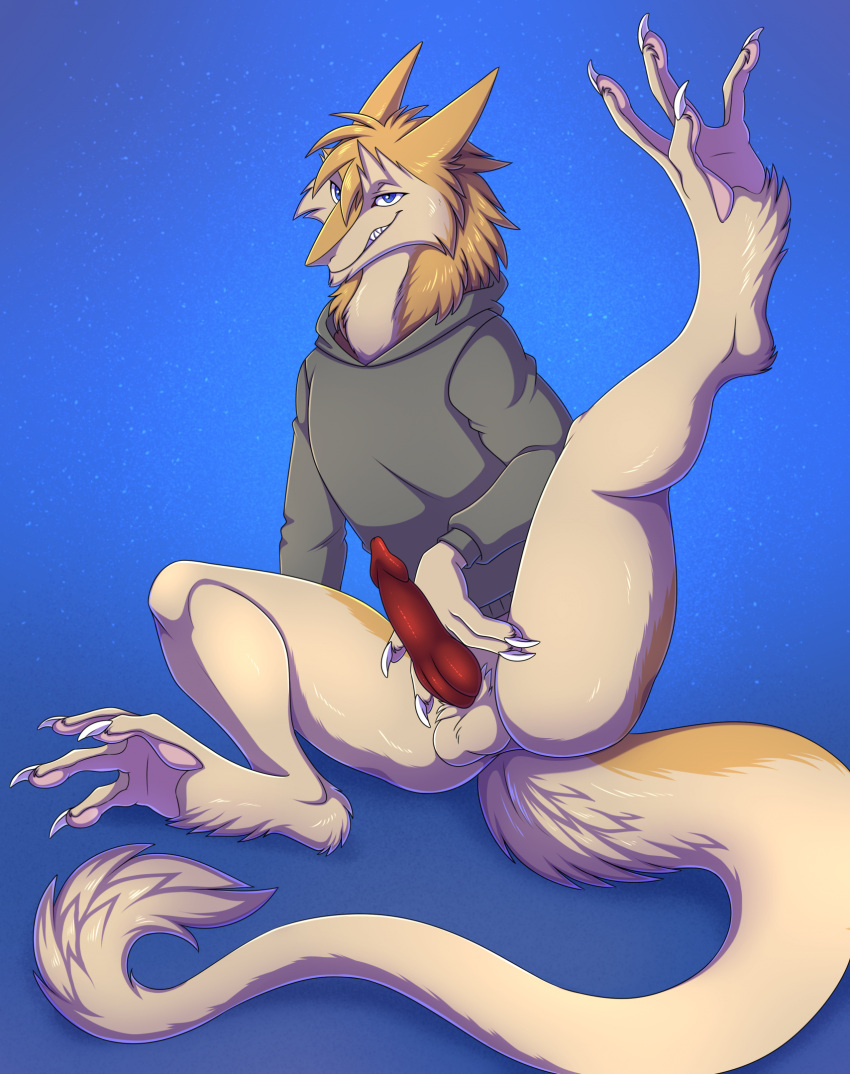 anthro balls clothed clothing feet genitals hi_res hoodie looking_at_viewer male partially_clothed pawpads penis prehensile_feet presenting presenting_penis raised_leg re-re sergal smile solo spread_legs spreading tail tail_tuft toes topwear tuft
