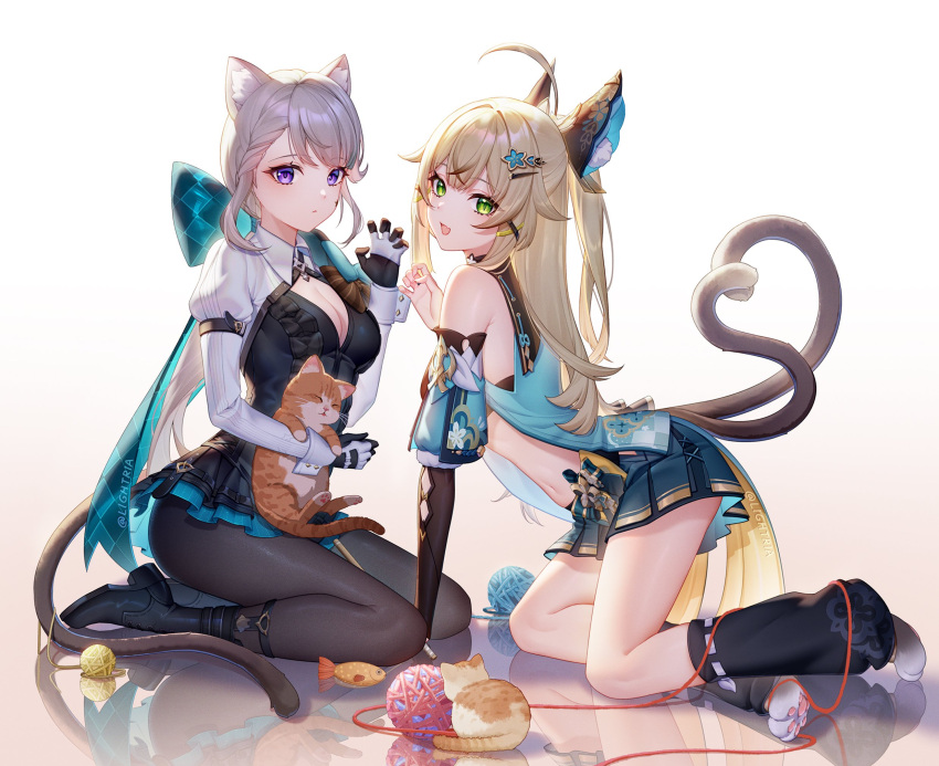 1girl :d animal_ear_fluff animal_ears aqua_bow arm_support bare_shoulders black_dress black_footwear black_gloves black_pantyhose blonde_hair boots bow braid breasts cat cat_ears claw_pose cleavage commentary_request detached_sleeves dress fang genshin_impact gloves green_eyes grey_hair hair_ornament hairclip half_updo hand_up highres juliet_sleeves kirara_(genshin_impact) kneeling lightria long_hair long_sleeves looking_at_viewer lynette_(genshin_impact) medium_breasts midriff navel open_mouth pantyhose puffy_sleeves purple_eyes shrug_(clothing) sidelocks sitting skin_fang smile solo stomach thighs very_long_hair wariza