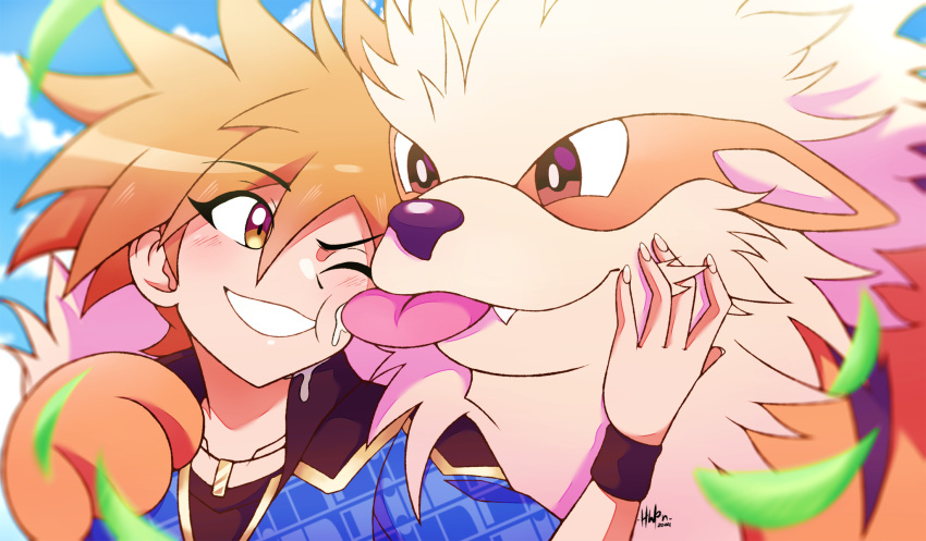 1boy affectionate arcanine blonde_hair blue_jacket blue_oak blue_oak_(sygna_suit) blurry blush brown_eyes cloud commentary_request day depth_of_field falling_leaves grin hand_up highres inglebard jacket jewelry leaf licking licking_another's_face male_focus necklace official_alternate_costume outdoors pokemon pokemon_masters_ex shirt short_hair sky smile spiked_hair teeth upper_body wristband