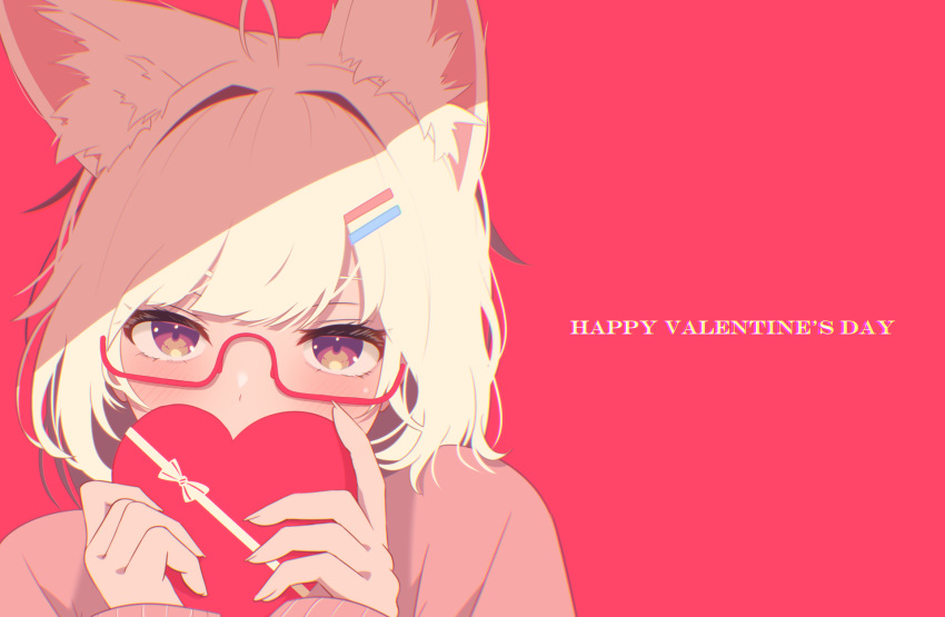 1girl ahoge animal_ear_fluff animal_ears blunt_bangs blush box box_of_chocolates brown_eyes commentary_request covered_mouth english_text eyelashes fingernails glasses hair_ornament hairclip happy_valentine heart-shaped_box highres holding holding_box limited_palette long_sleeves looking_at_viewer original pink-framed_eyewear pink_background pink_sleeves pink_sweater shiroino_(shirayuki_mutsuki) short_hair simple_background sleeves_past_wrists solo sweater upper_body valentine white_hair wolf_ears