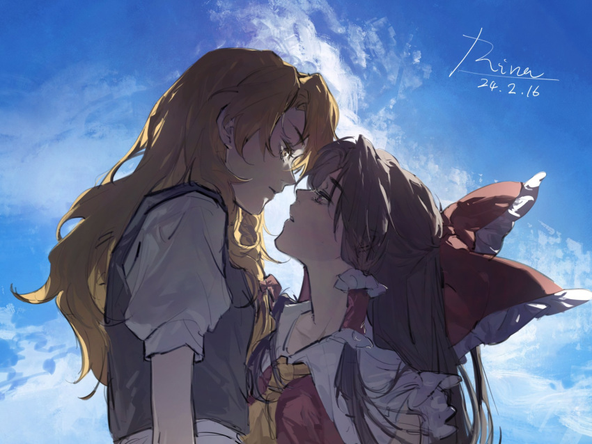 2girls aihara-rina artist_name ascot black_hair black_vest blonde_hair bow brown_eyes cloud dated day dress frilled_hair_tubes frilled_shirt_collar frills hair_bow hair_tubes hakurei_reimu highres imminent_kiss kirisame_marisa long_hair looking_at_another multiple_girls outdoors parted_lips puffy_sleeves red_bow red_dress shade shirt sidelocks signature sketch skirt sky touhou upper_body vest white_shirt white_skirt yellow_ascot yellow_eyes yuri