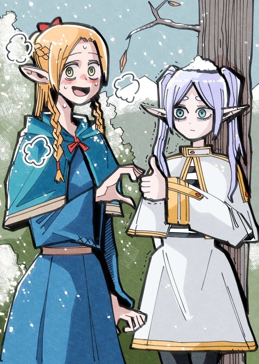 2girls absurdres blonde_hair blue_eyes blush braid dungeon_meshi elf frieren green_eyes hair_ornament hansoom_(latebirdwakeup) heart_hands_failure highres marcille_donato multiple_girls open_mouth pointy_ears purple_hair smile snow_on_head sousou_no_frieren thumbs_up tree twin_braids twintails