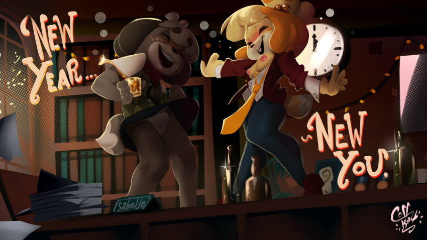 absurd_res alcohol animal_crossing anthro beverage blouse blush bookshelf bottomwear breasts brother_(lore) brother_and_sister_(lore) bulge canid canine canis celebration clothed clothing coffekat crossdressing dancing digby_(animal_crossing) domestic_dog drinking drunk duo female fireworks footwear furniture glass hi_res isabelle_(animal_crossing) jacket lunar_new_year male male/female mammal necktie nintendo panties pants panty_bulge party shih_tzu shoes sibling_(lore) sister_(lore) skirt string_bow substance_intoxication text topwear toy_dog underwear upskirt wardrobe_malfunction