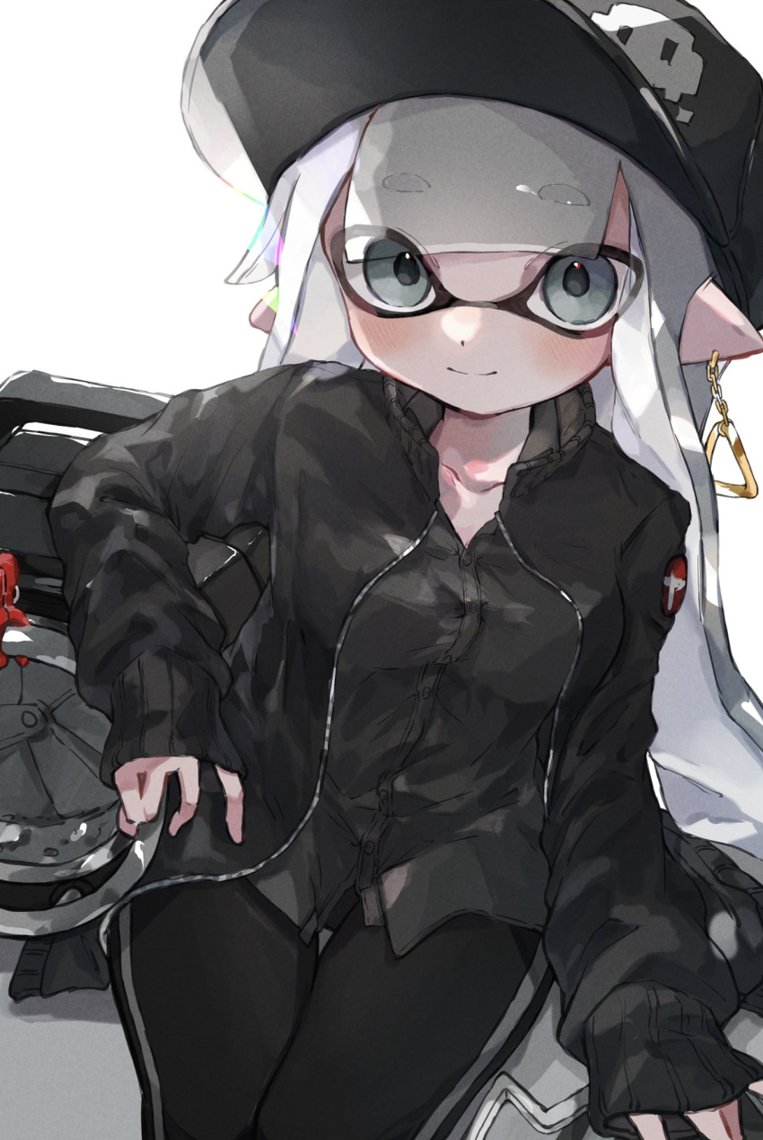 1girl baseball_cap black_headwear black_jacket closed_mouth commentary_request dangle_earrings earrings grey_eyes grey_hair hat highres inkling_girl inkling_player_character jacket jewelry long_hair looking_at_viewer open_clothes open_jacket pointy_ears simple_background sitting sloshing_machine_(splatoon) smile solo splatoon_(series) splatoon_2 tentacle_hair weapon white_background yksb_inc6