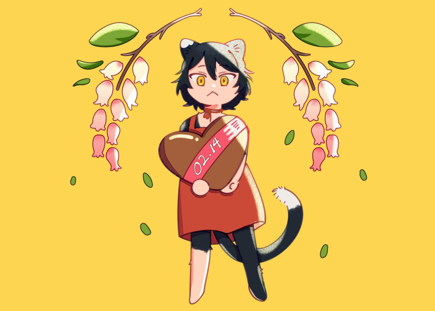 1girl :&lt; acatoner animal_ears bare_shoulders barefoot black_fur black_hair body_fur candy cat_ears cat_girl cat_tail chibi chocolate choker closed_mouth dated dress dungeon_meshi english_commentary falling_leaves flower food full_body heart heart-shaped_chocolate highres holding holding_food izutsumi leaf looking_at_viewer mismatched_animal_ear_colors red_dress short_hair simple_background sleeveless sleeveless_dress solo standing tail valentine yellow_background yellow_eyes