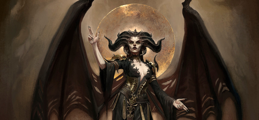 1girl alvarojh armlet bat_wings black_dress black_horns black_lips black_nails black_sclera breasts center_opening cleavage collar collarbone colored_sclera cowboy_shot curled_horns dark_background demon demon_girl demon_horns demon_wings diablo diablo_(series) diablo_4 dress gold_corset gold_trim halo heterochromia horns huge_horns lilith_(diablo) long_sleeves looking_at_viewer makeup mascara medium_breasts metal_collar multiple_horns nail_polish non-web_source outstretched_arms pale_skin runny_makeup serious solo torn_wings two-tone_eyes v-neck wide_sleeves wings