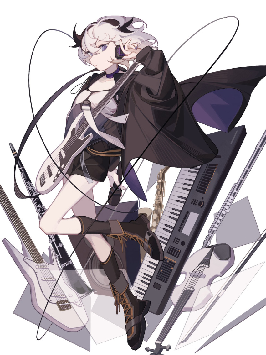 1girl arm_up black_coat black_footwear black_hair black_shorts black_socks blue_eyes boots cevio choker ci_flower closed_mouth coat collarbone cross-laced_footwear eight-b flower_(vocaloid) full_body grey_shirt guitar headphones highres holding holding_microphone instrument knee_boots kneehighs long_sleeves looking_at_viewer microphone multicolored_hair piano purple_choker shirt short_hair short_shorts shorts socks solo speaker streaked_hair vocaloid w white_hair white_shirt