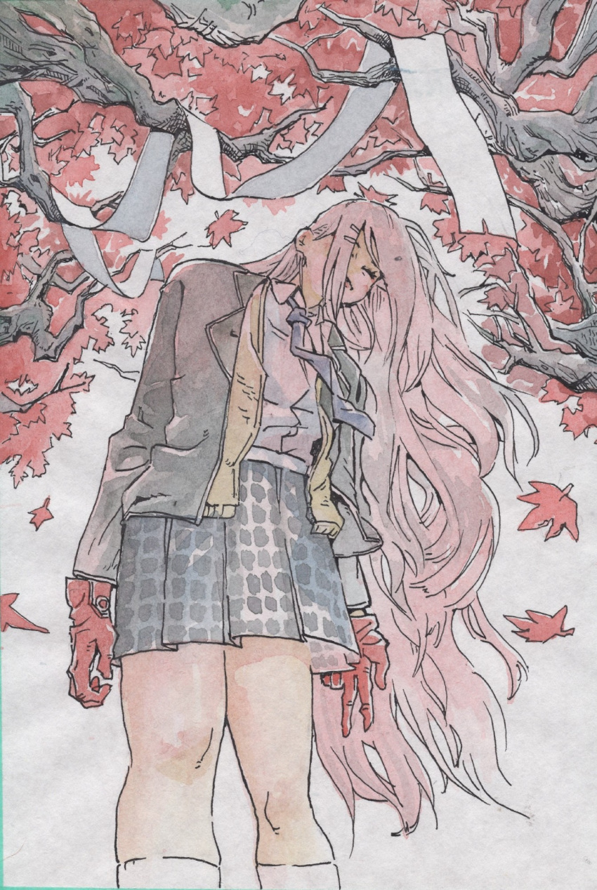 1girl arms_at_sides autumn_leaves black_jacket blue_necktie cardigan closed_eyes closed_mouth facing_down facing_viewer falling_leaves floating_neckwear from_below gloves hair_down hair_ornament hairclip head_tilt highres higuchi_kaede higuchi_kaede_(1st_costume) jacket kneehighs leaf long_hair long_sleeves maple_leaf mokobo_(motbtkt) necktie nijisanji open_cardigan open_clothes open_jacket open_mouth pleated_skirt red_gloves sidelocks skirt smile socks solo traditional_media tree very_long_hair virtual_youtuber w white_background white_socks wind yellow_cardigan