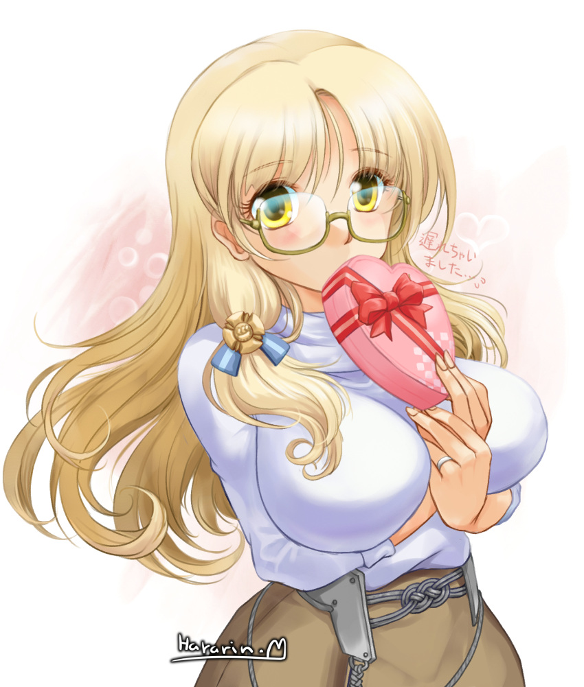 1girl blonde_hair box breasts gift gift_box glasses heart-shaped_box highres holding holding_box holding_gift jewelry kantai_collection large_breasts long_hair long_sleeves navy_cross northampton_(kancolle) ranbu_hararin ring semi-rimless_eyewear solo sweater valentine wedding_ring white_sweater yellow_eyes