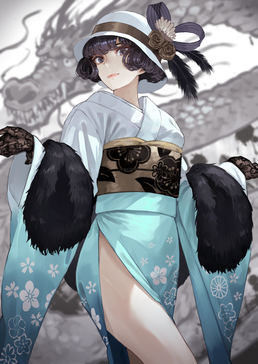 1girl bare_legs black_eyes black_gloves black_hair blue_kimono blurry blurry_background bob_cut brown_rose closed_mouth cowboy_shot curly_hair dragon dragon_background eastern_dragon facing_to_the_side floral_print floral_print_kimono floral_print_sash flower fur_shawl gloves hat hat_feather hat_flower hat_ornament highres japanese_clothes kaoming kimono lace lace_gloves light_smile long_sleeves looking_at_viewer medium_hair multicolored_clothes multicolored_kimono nanjou_ao new_year obi original sash shawl side_slit smile solo thighs white_kimono