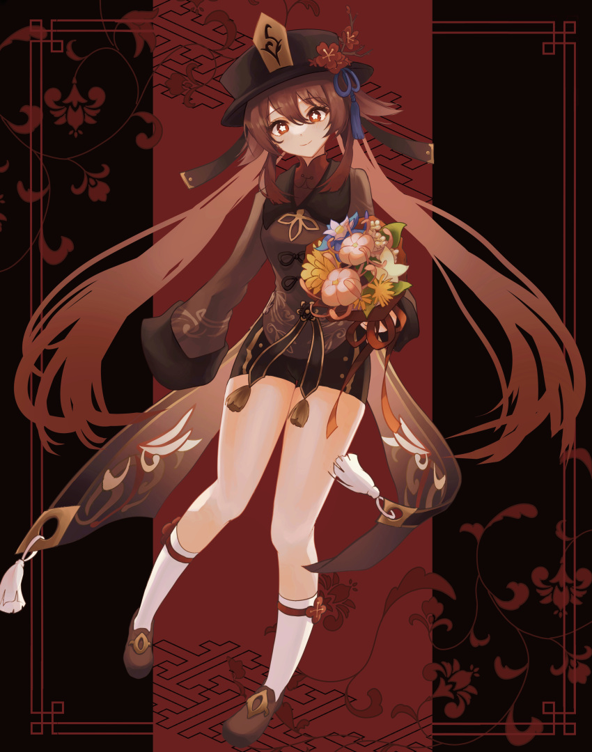 1girl absurdres bare_legs black_headwear black_shorts bouquet breasts bright_pupils brown_coat brown_eyes brown_footwear brown_hair coat flower flower-shaped_pupils genshin_impact hat hat_flower highres holding holding_bouquet hu_tao_(genshin_impact) long_hair long_sleeves looking_at_viewer patterned_background porkpie_hat red_shirt shirt shorts sinonomemikann sleeves_past_wrists small_breasts socks symbol-shaped_pupils twintails two-tone_background very_long_hair white_pupils white_socks wide_sleeves