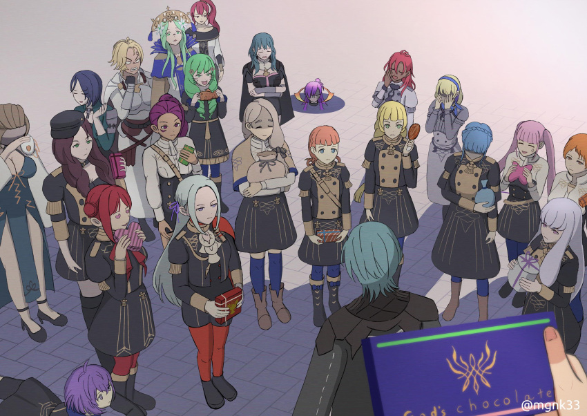 annette_fantine_dominic armor bernadetta_von_varley black_armor black_hair blonde_hair blue_eyes blue_hair blue_hairband byleth_(fire_emblem) byleth_(male)_(fire_emblem) cape catherine_(fire_emblem) constance_von_nuvelle dark-skinned_female dark_skin dorothea_arnault edelgard_von_hresvelg fire_emblem fire_emblem:_three_houses fire_emblem_warriors:_three_hopes flayn_(fire_emblem) food garreg_mach_monastery_uniform green_hair hairband hapi_(fire_emblem) highres hilda_valentine_goneril ingrid_brandl_galatea lysithea_von_ordelia manuela_casagranda marianne_von_edmund mercedes_von_martritz mgnk33 monica_von_ochs orange_hair pantyhose petra_macneary red_hair rhea_(fire_emblem) shamir_nevrand shez_(female)_(fire_emblem) shez_(fire_emblem) short_hair skirt sothis_(fire_emblem) tiara twintails uniform white_hair