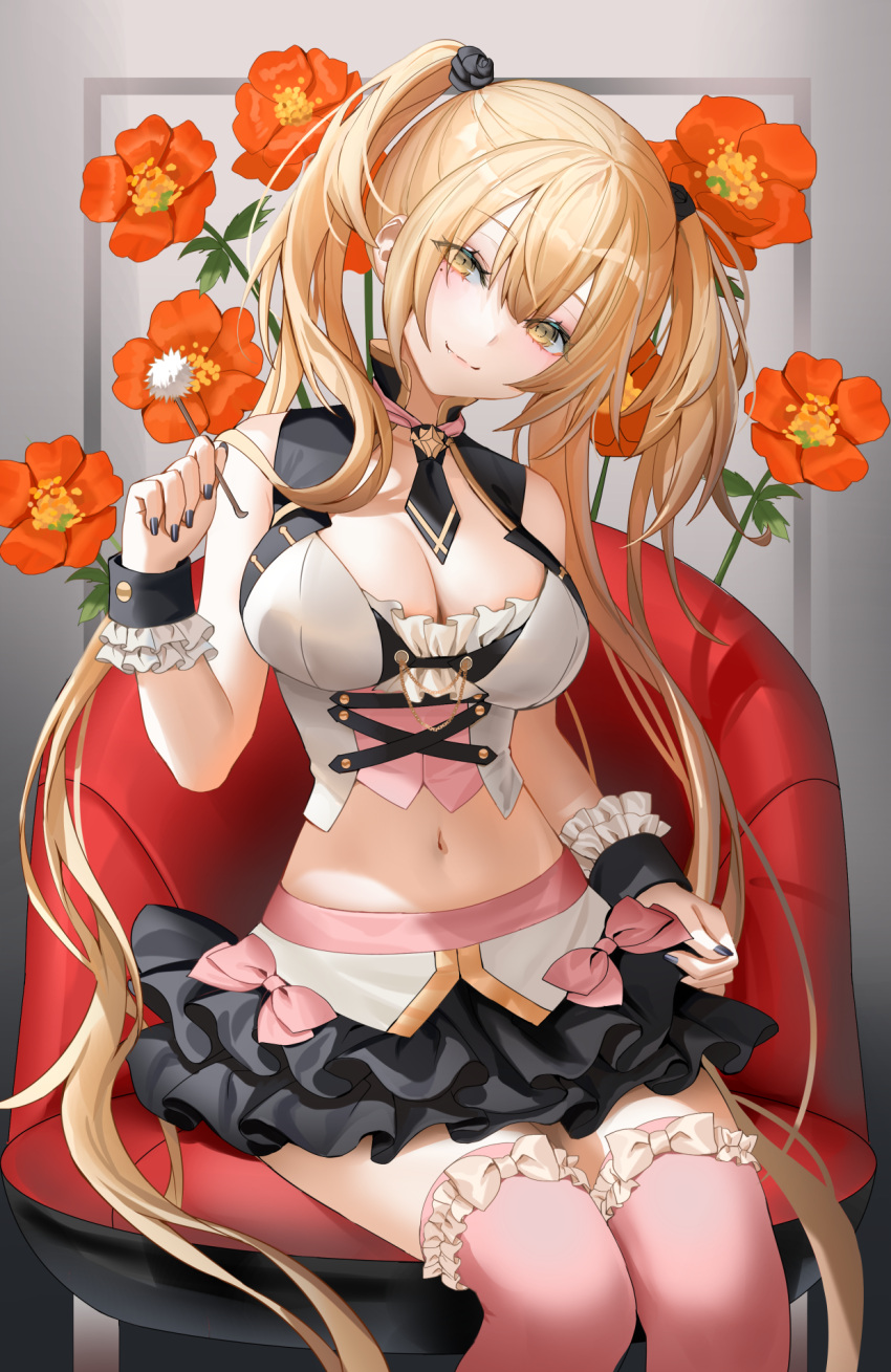 1girl bare_arms bare_shoulders black_nails black_skirt blonde_hair breasts chair cleavage closed_mouth crop_top fang flower frills hair_ornament hand_up head_tilt highres holding large_breasts lloule long_hair looking_at_viewer midriff mimikaki miniskirt mole mole_under_eye nail_polish navel necktie orange_flower original pink_thighhighs revealing_clothes shirt short_necktie sidelocks sitting skirt sleeveless sleeveless_shirt smile solo stomach thighhighs twintails two_side_up very_long_hair white_shirt wrist_cuffs yellow_eyes zettai_ryouiki