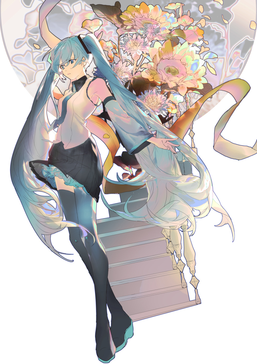 1girl bare_shoulders black_collar black_footwear black_skirt blue_eyes blue_hair blue_necktie blue_sleeves boots closed_mouth clothes_lift collar collared_shirt detached_sleeves floral_background flower frilled_skirt frills frown full_body hair_ornament hatsune_miku highres lobelia_(saclia) long_hair long_sleeves looking_ahead miniskirt necktie petals petticoat shirt simple_background skirt skirt_lift sleeveless sleeveless_shirt solo stairs thigh_boots twintails very_long_hair vocaloid white_background white_shirt wide_sleeves yellow_flower