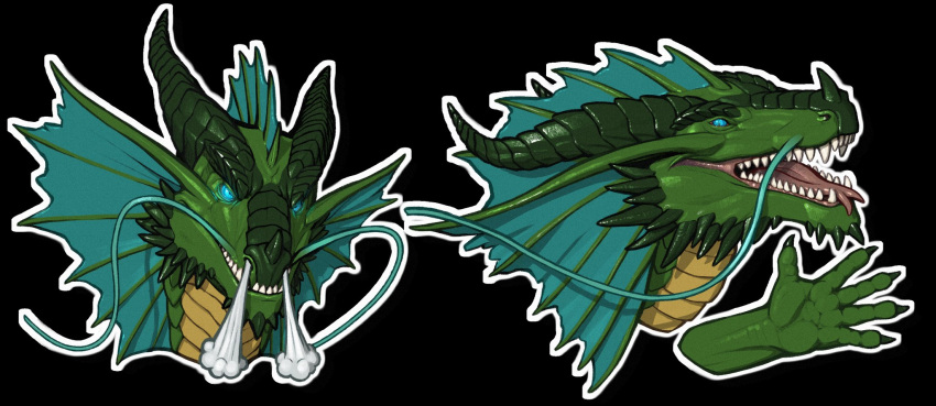 blue_eyes blue_frill cheek_spikes dragon facial_spikes forked_tongue frill_(anatomy) gesture glowing glowing_eyes green_body head_crest head_frill hi_res khyaber male open_mouth red_tongue scales scalie solo spikes spikes_(anatomy) tongue tongue_out waving waving_at_viewer yellow_body yellow_scales