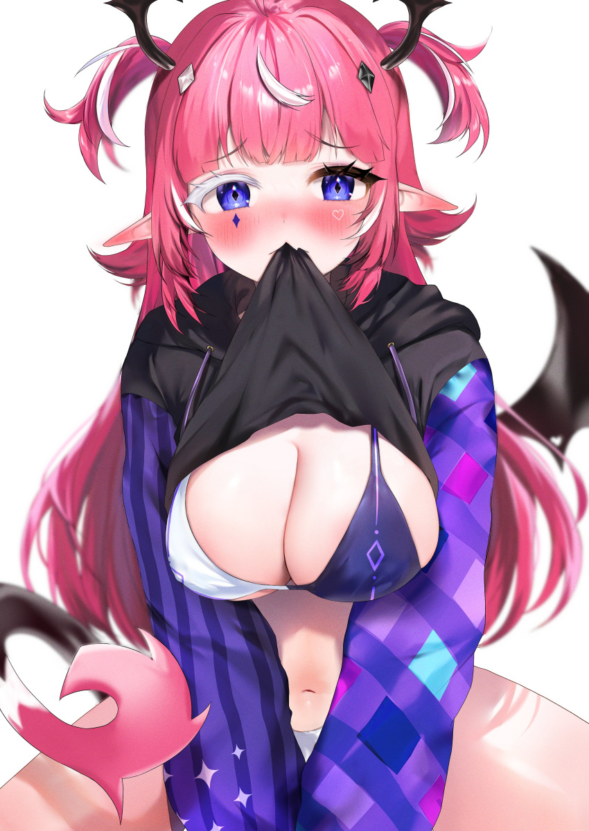 absurdres artist_request asymmetrical_sleeves blush camila_(vtuber) clothes_in_mouth clothes_lift colored_eyelashes demon_girl demon_wings diamond_facial_mark diamond_hair_ornament diamond_print ear_blush facial_mark hands_on_lap head_wings heart heart_facial_mark highres hood hoodie indie_virtual_youtuber long_hair looking_at_viewer mismatched_eyelashes mismatched_sleeves mouth_hold multicolored_hair navel panties pink_hair pointy_ears purple_eyes shirt_in_mouth shirt_lift single_wing streaked_hair striped_clothes tail two_side_up underwear white_background white_hair white_panties wings