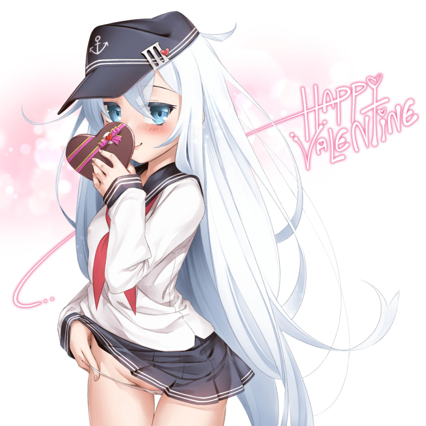 1girl anchor_symbol black_sailor_collar black_skirt blue_eyes cameltoe candy chocolate cowboy_shot flat_cap food happy_valentine hat heart heart-shaped_chocolate hibiki_(kancolle) highres kantai_collection kore_(korewa13th) long_hair looking_at_viewer lowleg lowleg_panties neckerchief panties pleated_skirt red_neckerchief sailor_collar school_uniform serafuku skirt smile solo underwear white_hair white_panties